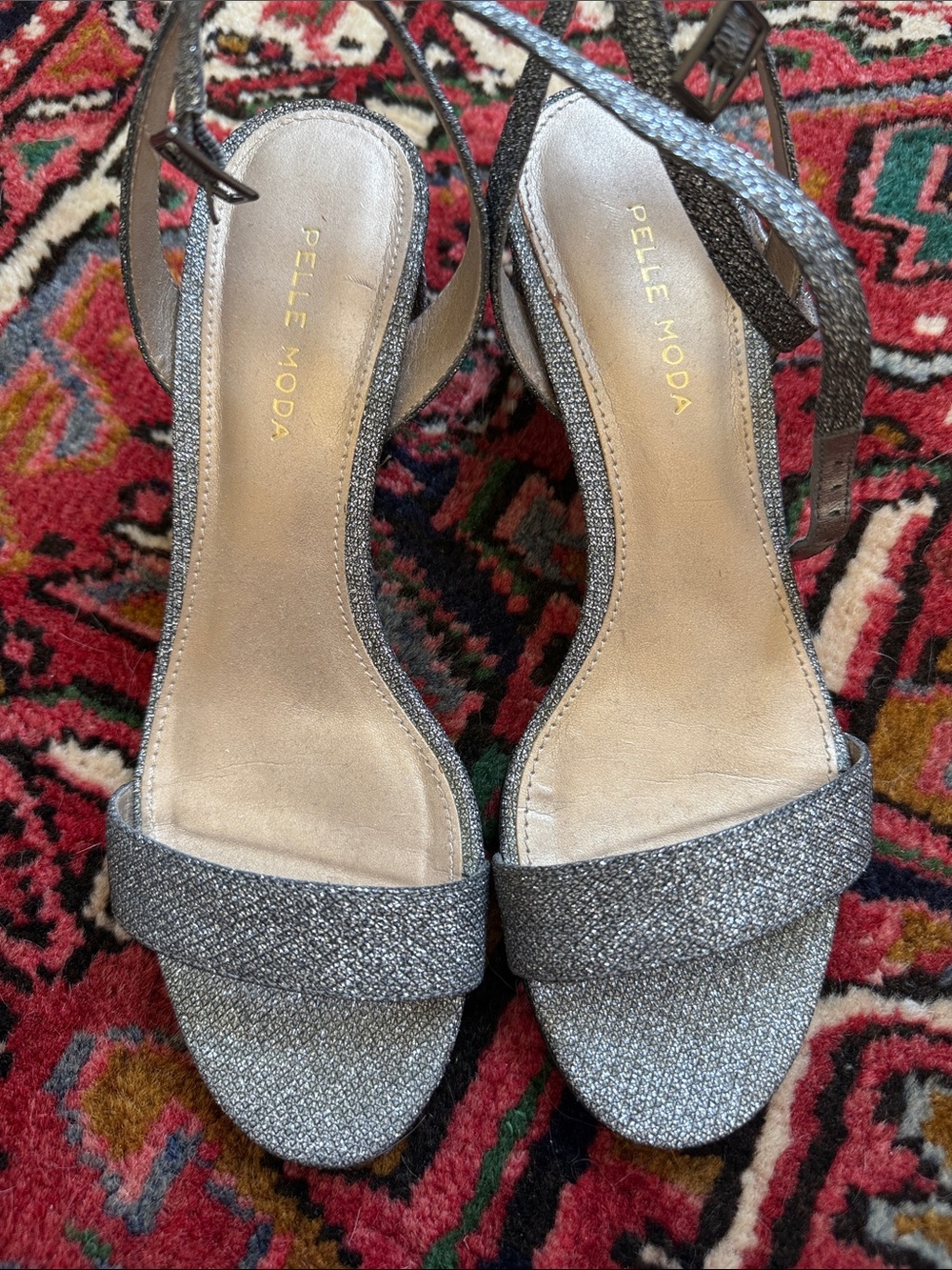 Pelle Moda Silver Glitter Ankle-Strap Heels